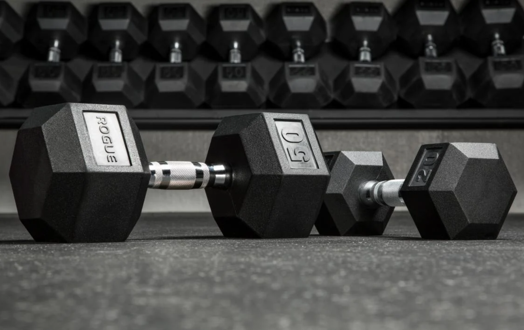1: Best Overall Rubber Dumbbell - ROGUE RUBBER HEX DUMBBELLS